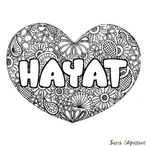 Coloriage prénom HAYAT - d&eacute;cor Mandala coeur
