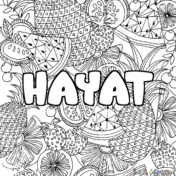 Coloriage prénom HAYAT - d&eacute;cor Mandala fruits