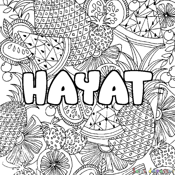 Coloriage pr&eacute;nom HAYAT - d&eacute;cor Mandala fruits