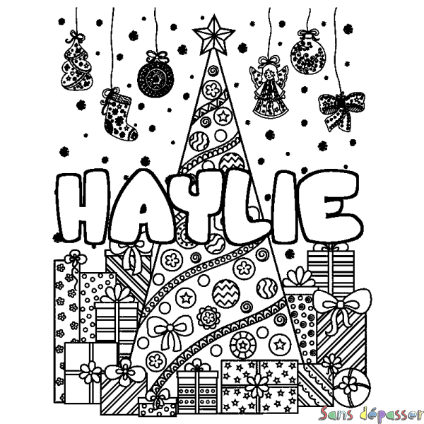 Coloriage prénom HAYLIE - d&eacute;cor Sapin et Cadeaux