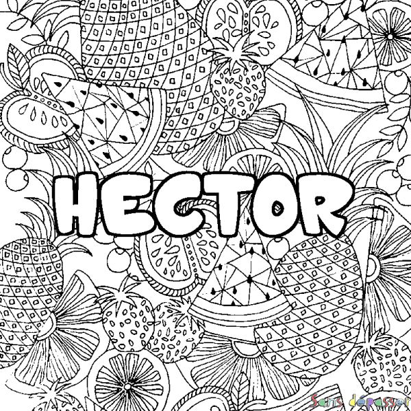 Coloriage pr&eacute;nom HECTOR - d&eacute;cor Mandala fruits