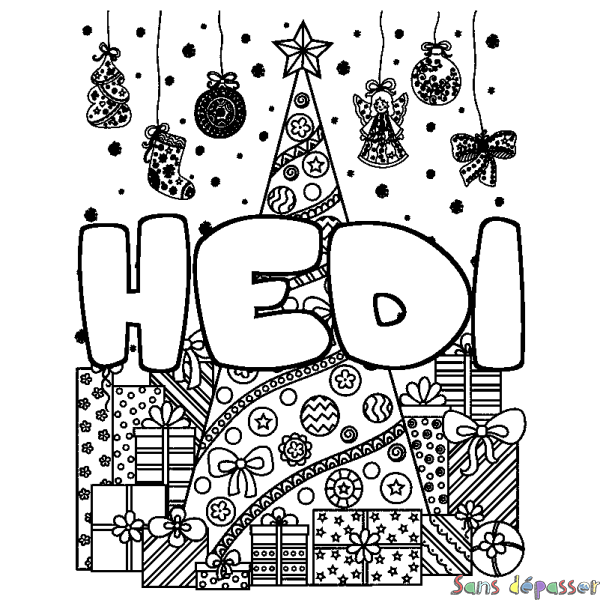 Coloriage prénom HEDI - d&eacute;cor Sapin et Cadeaux