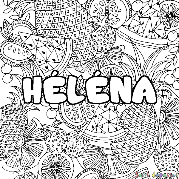 Coloriage pr&eacute;nom H&Eacute;L&Eacute;NA - d&eacute;cor Mandala fruits