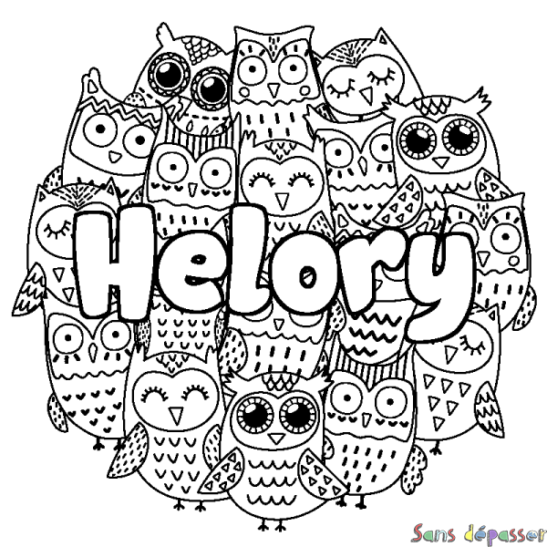 Coloriage pr&eacute;nom Helory - d&eacute;cor Chouettes