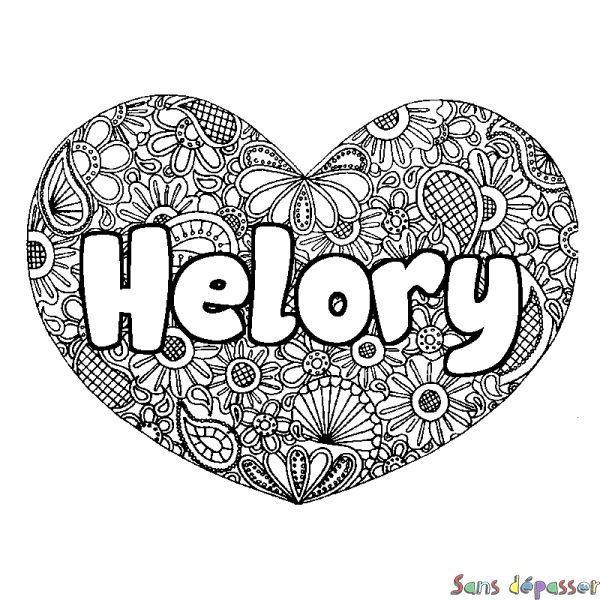 Coloriage pr&eacute;nom Helory - d&eacute;cor Mandala coeur