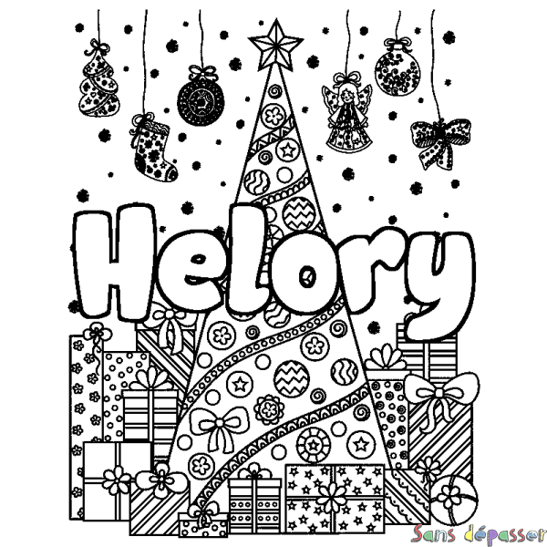 Coloriage pr&eacute;nom Helory - d&eacute;cor Sapin et Cadeaux