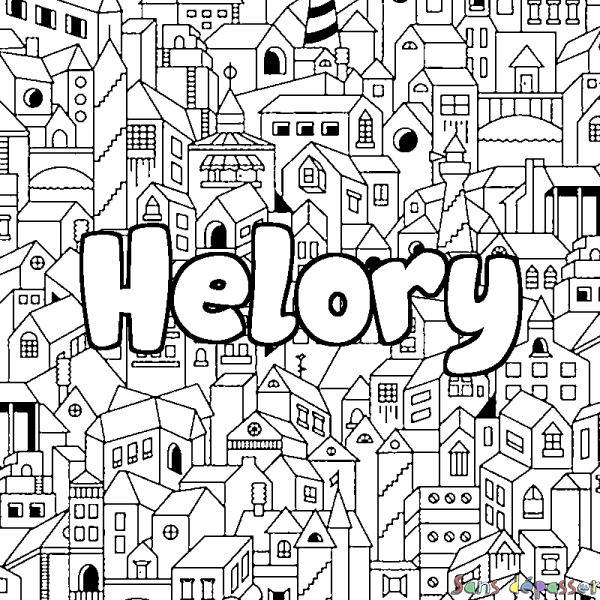 Coloriage pr&eacute;nom Helory - d&eacute;cor Ville