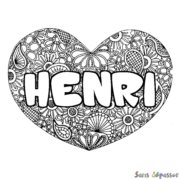 Coloriage prénom HENRI - d&eacute;cor Mandala coeur