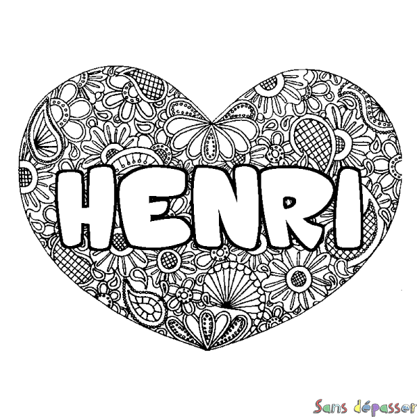 Coloriage pr&eacute;nom HENRI - d&eacute;cor Mandala coeur