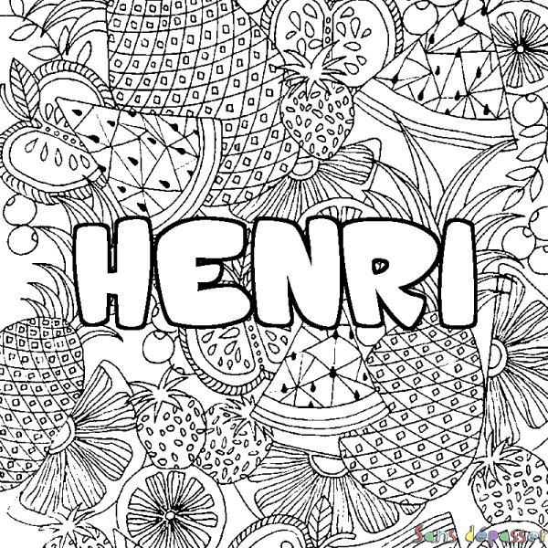 Coloriage pr&eacute;nom HENRI - d&eacute;cor Mandala fruits