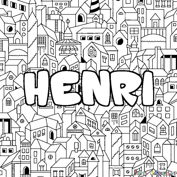 Coloriage pr&eacute;nom HENRI - d&eacute;cor Ville