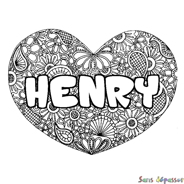 Coloriage prénom HENRY - d&eacute;cor Mandala coeur