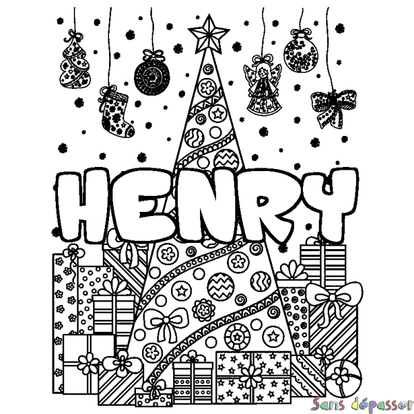 Coloriage prénom HENRY - d&eacute;cor Sapin et Cadeaux