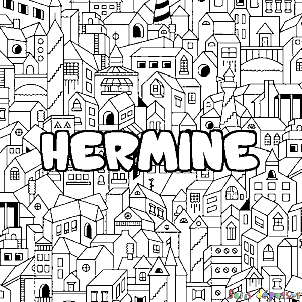 Coloriage pr&eacute;nom HERMINE - d&eacute;cor Ville