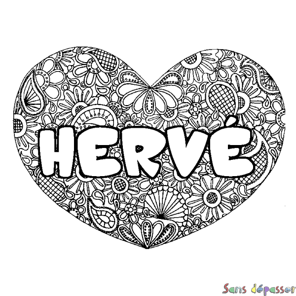 Coloriage prénom HERV&Eacute; - d&eacute;cor Mandala coeur