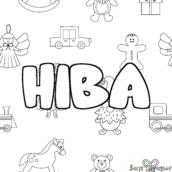 Coloriage pr&eacute;nom HIBA - d&eacute;cor Jouets