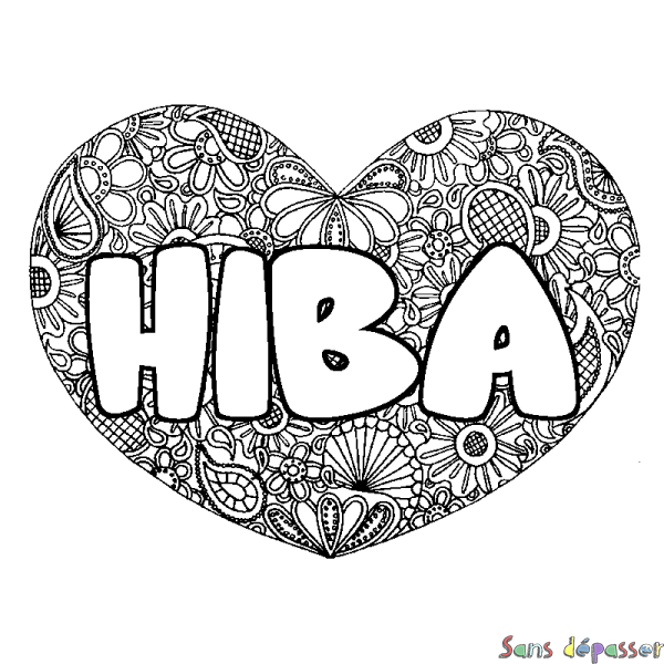 Coloriage prénom HIBA - d&eacute;cor Mandala coeur