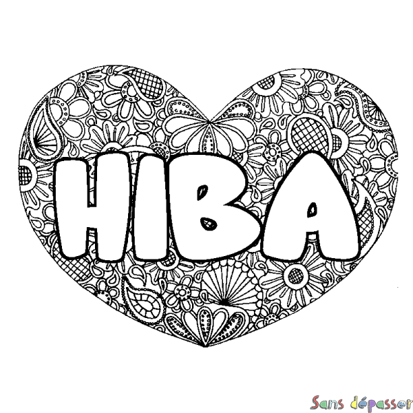 Coloriage pr&eacute;nom HIBA - d&eacute;cor Mandala coeur