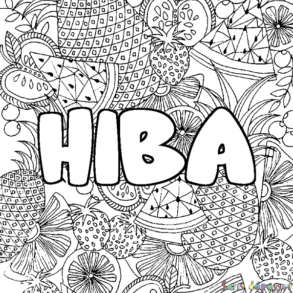 Coloriage pr&eacute;nom HIBA - d&eacute;cor Mandala fruits