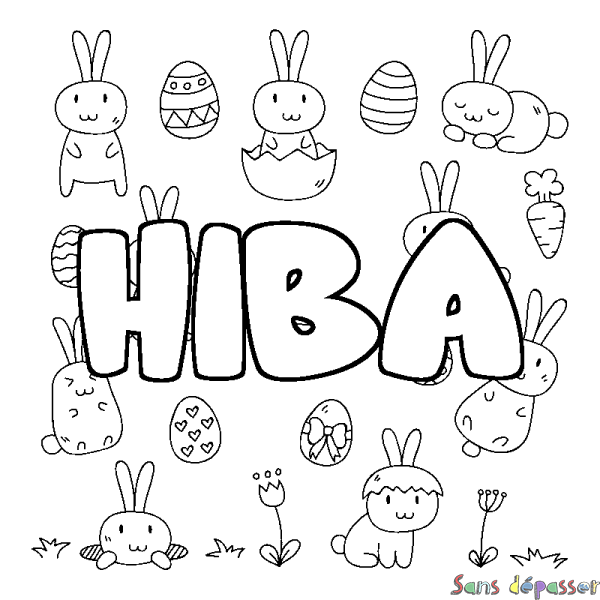 Coloriage pr&eacute;nom HIBA - d&eacute;cor Paques