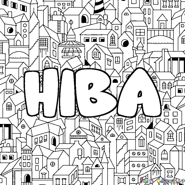 Coloriage pr&eacute;nom HIBA - d&eacute;cor Ville