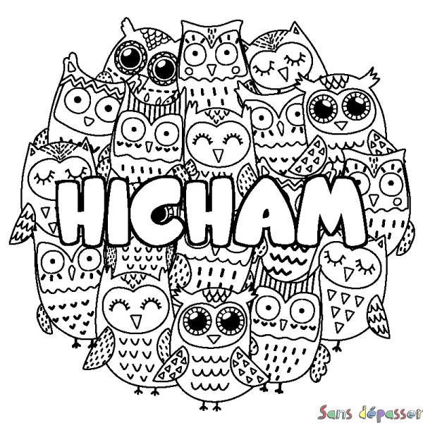 Coloriage prénom HICHAM - d&eacute;cor Chouettes