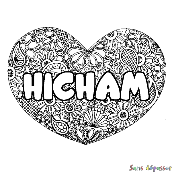 Coloriage prénom HICHAM - d&eacute;cor Mandala coeur