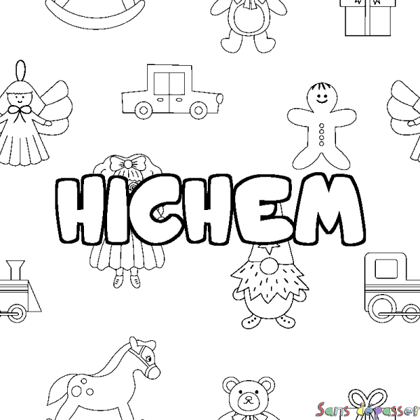 Coloriage pr&eacute;nom HICHEM - d&eacute;cor Jouets