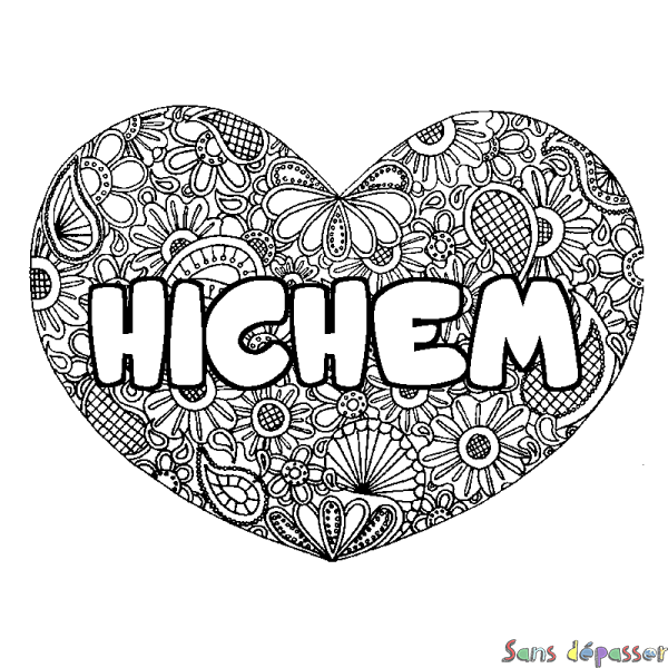 Coloriage pr&eacute;nom HICHEM - d&eacute;cor Mandala coeur