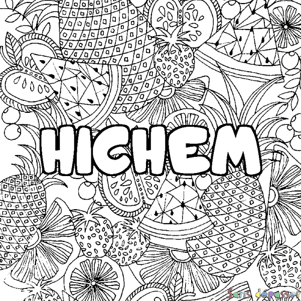 Coloriage pr&eacute;nom HICHEM - d&eacute;cor Mandala fruits