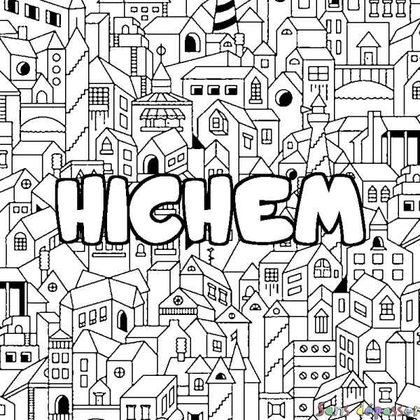 Coloriage prénom HICHEM - d&eacute;cor Ville