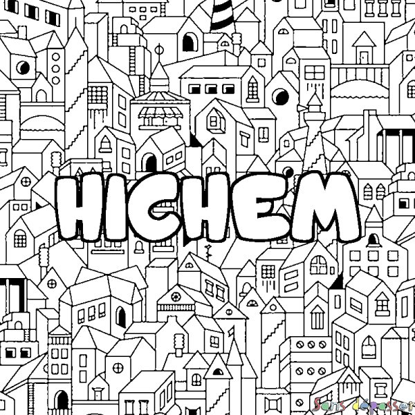 Coloriage pr&eacute;nom HICHEM - d&eacute;cor Ville