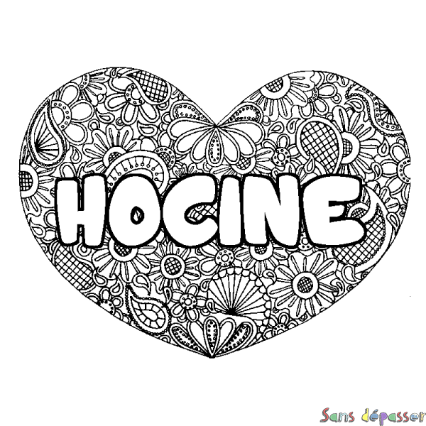 Coloriage pr&eacute;nom HOCINE - d&eacute;cor Mandala coeur