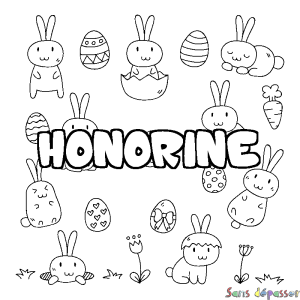 Coloriage pr&eacute;nom HONORINE - d&eacute;cor Paques