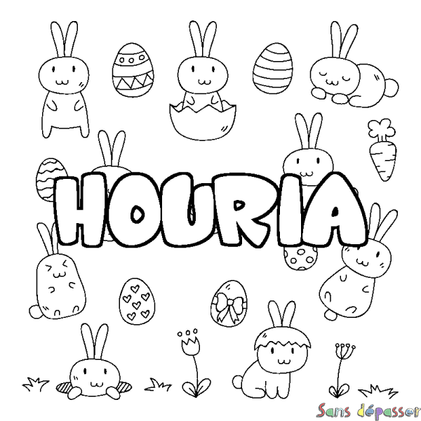 Coloriage pr&eacute;nom HOURIA - d&eacute;cor Paques