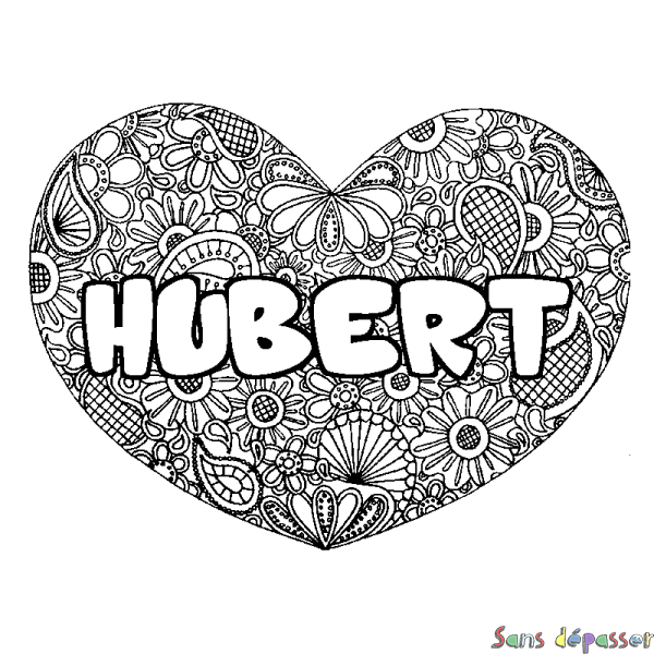 Coloriage pr&eacute;nom HUBERT - d&eacute;cor Mandala coeur