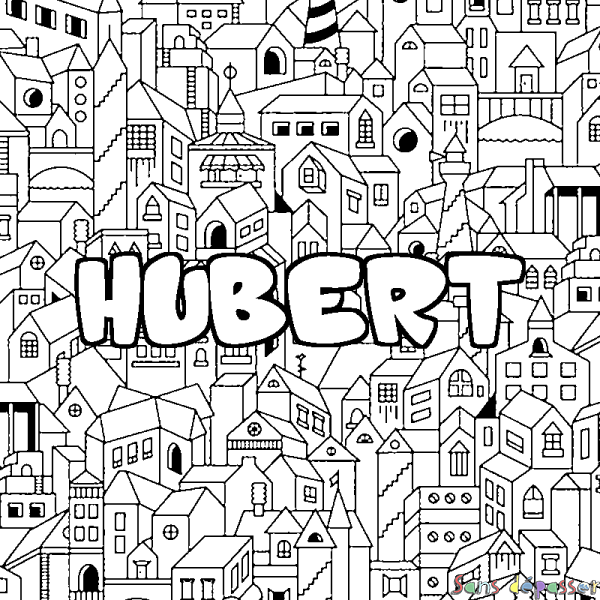Coloriage pr&eacute;nom HUBERT - d&eacute;cor Ville