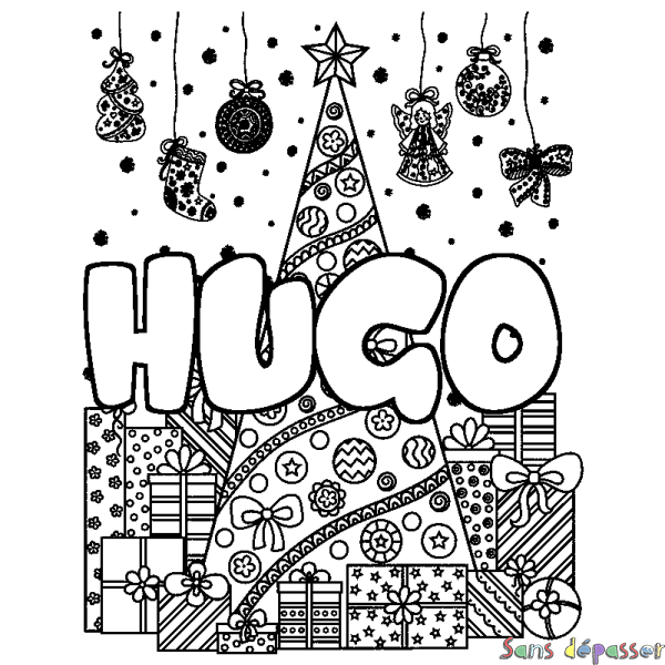 Coloriage prénom HUGO - d&eacute;cor Sapin et Cadeaux