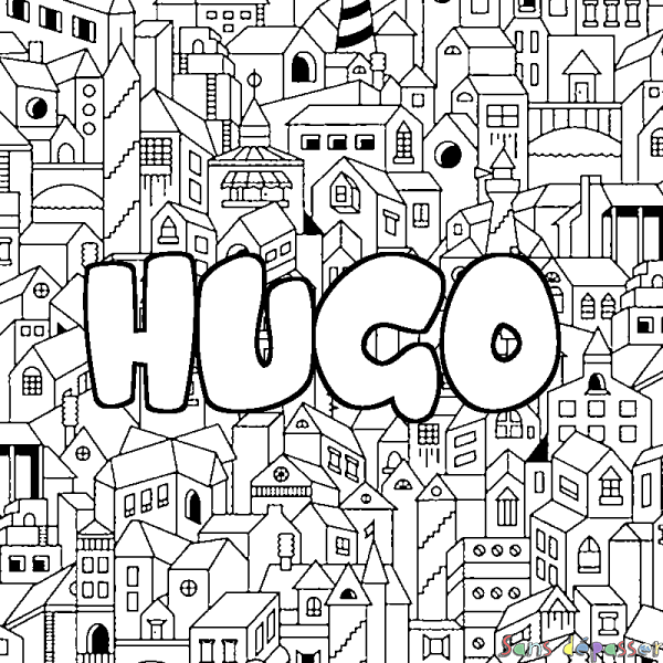 Coloriage prénom HUGO - d&eacute;cor Ville