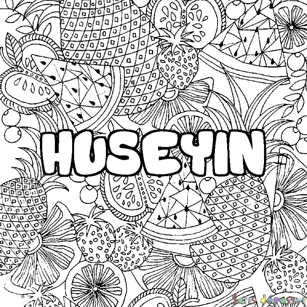 Coloriage prénom HUSEYIN - d&eacute;cor Mandala fruits