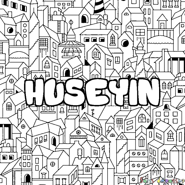 Coloriage pr&eacute;nom HUSEYIN - d&eacute;cor Ville