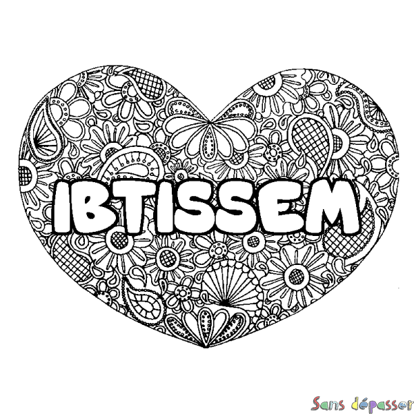Coloriage pr&eacute;nom IBTISSEM - d&eacute;cor Mandala coeur