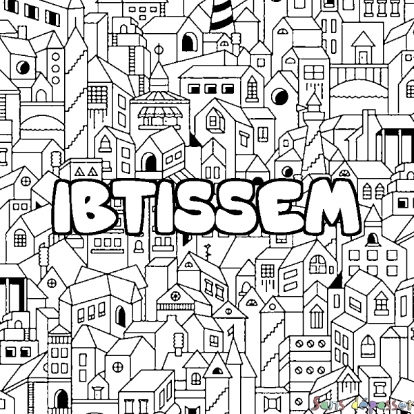 Coloriage pr&eacute;nom IBTISSEM - d&eacute;cor Ville