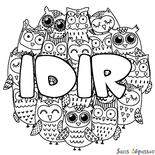 Coloriage pr&eacute;nom IDIR - d&eacute;cor Chouettes