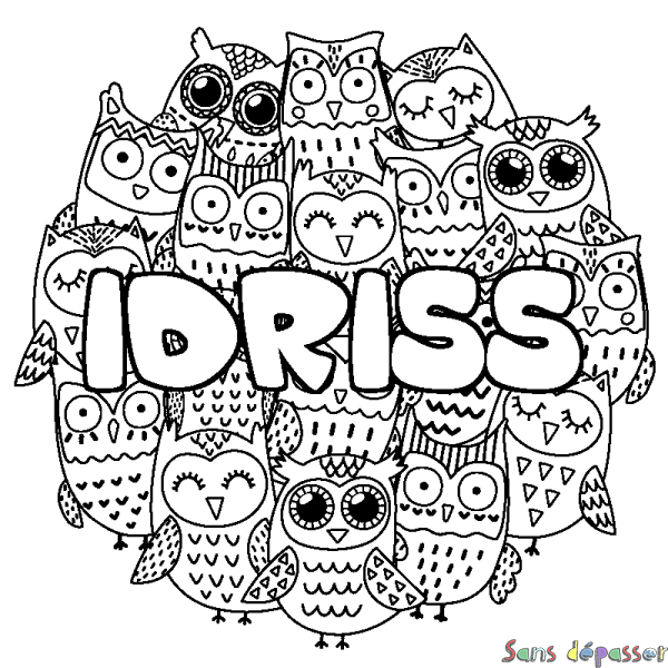 Coloriage pr&eacute;nom IDRISS - d&eacute;cor Chouettes