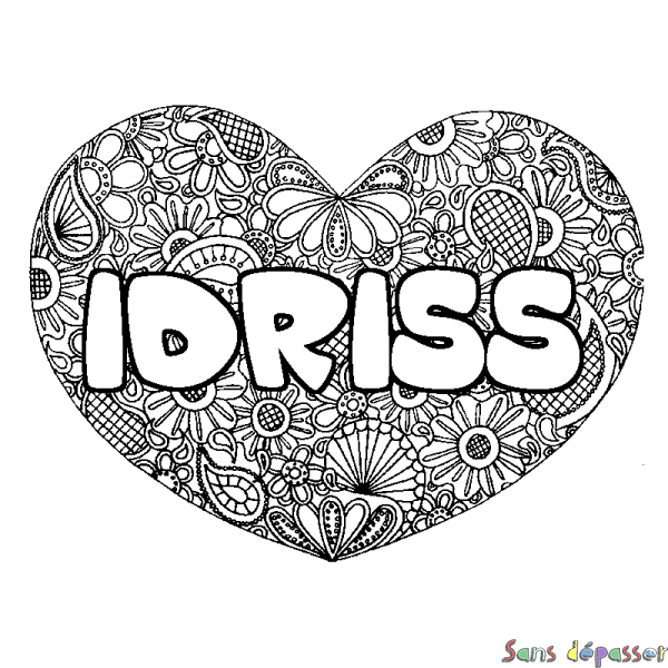 Coloriage pr&eacute;nom IDRISS - d&eacute;cor Mandala coeur