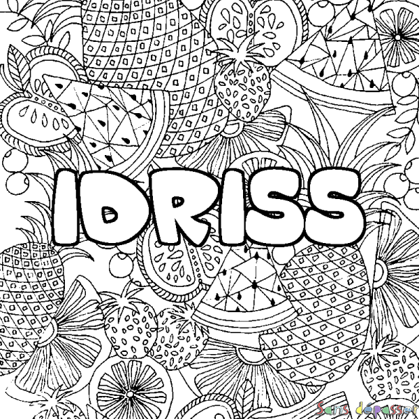 Coloriage pr&eacute;nom IDRISS - d&eacute;cor Mandala fruits