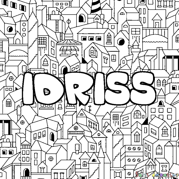 Coloriage pr&eacute;nom IDRISS - d&eacute;cor Ville