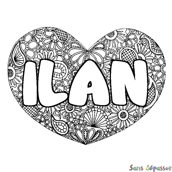 Coloriage pr&eacute;nom ILAN - d&eacute;cor Mandala coeur