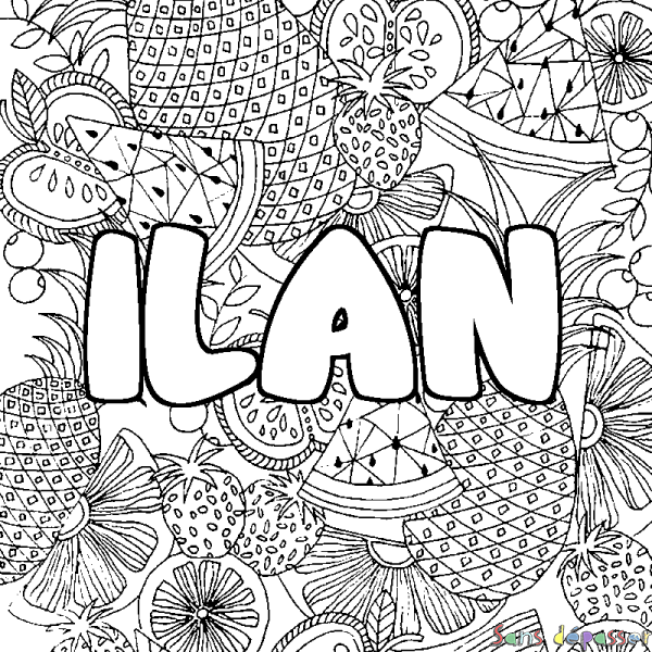 Coloriage pr&eacute;nom ILAN - d&eacute;cor Mandala fruits
